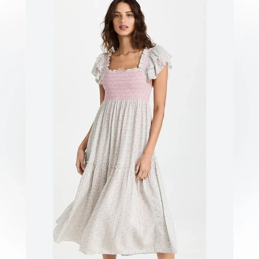 LoveShackFancy Pink Burnley Floral Boho Summer Midi Dress Small - Picture 2 of 6